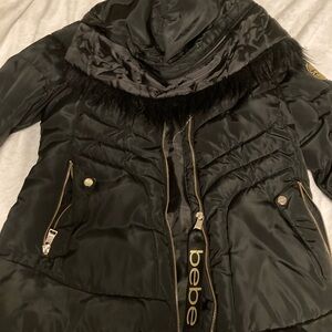 Bebe Black Puffer Jacket with Gold Accents